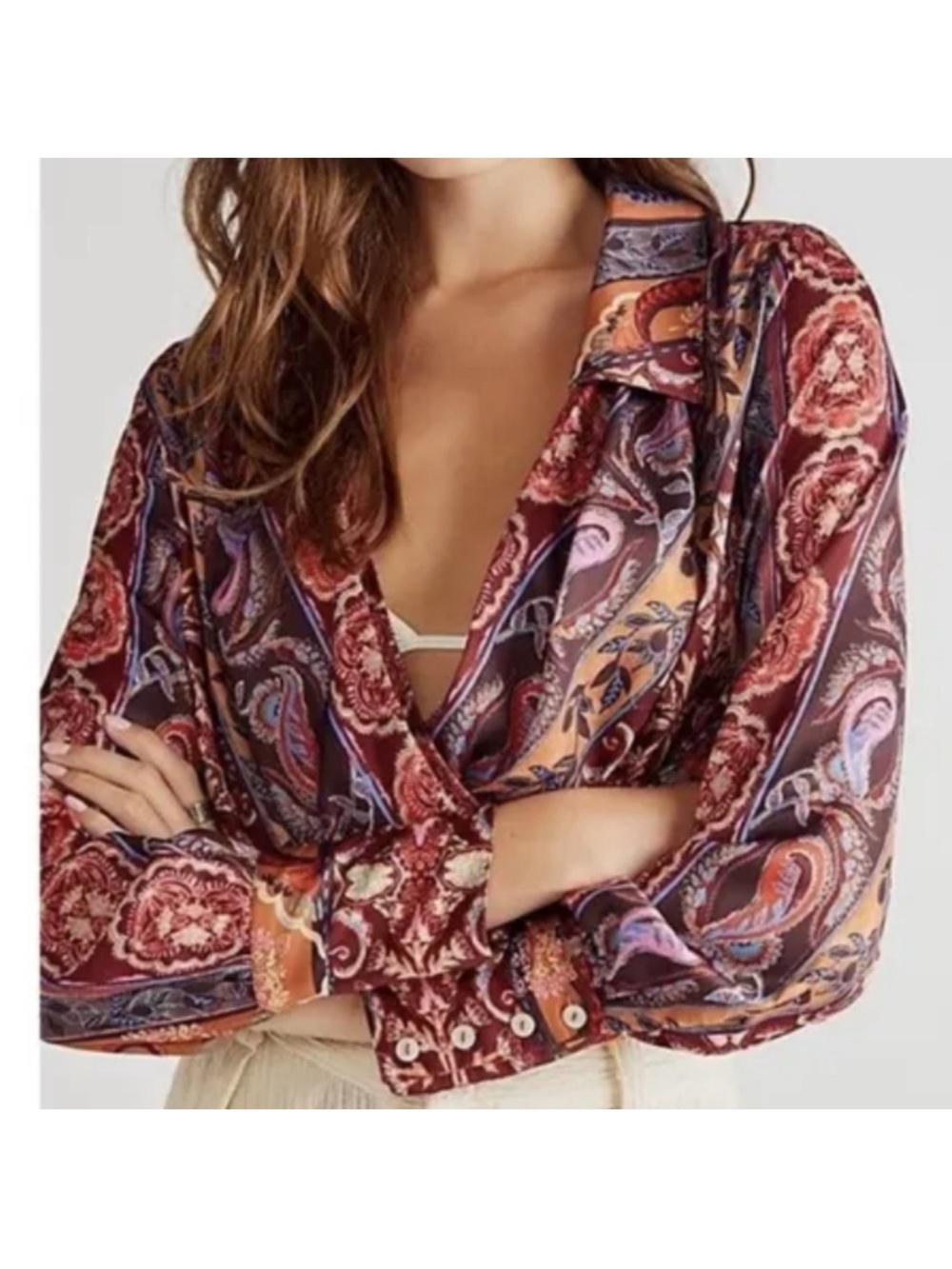 Free People Boho Hippie Paisley Cropped Long Sleeve Blouse Size M